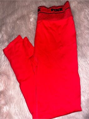 PINK Victoria's Secret Neon Red High-Waist Leggings with Glitter Waistband